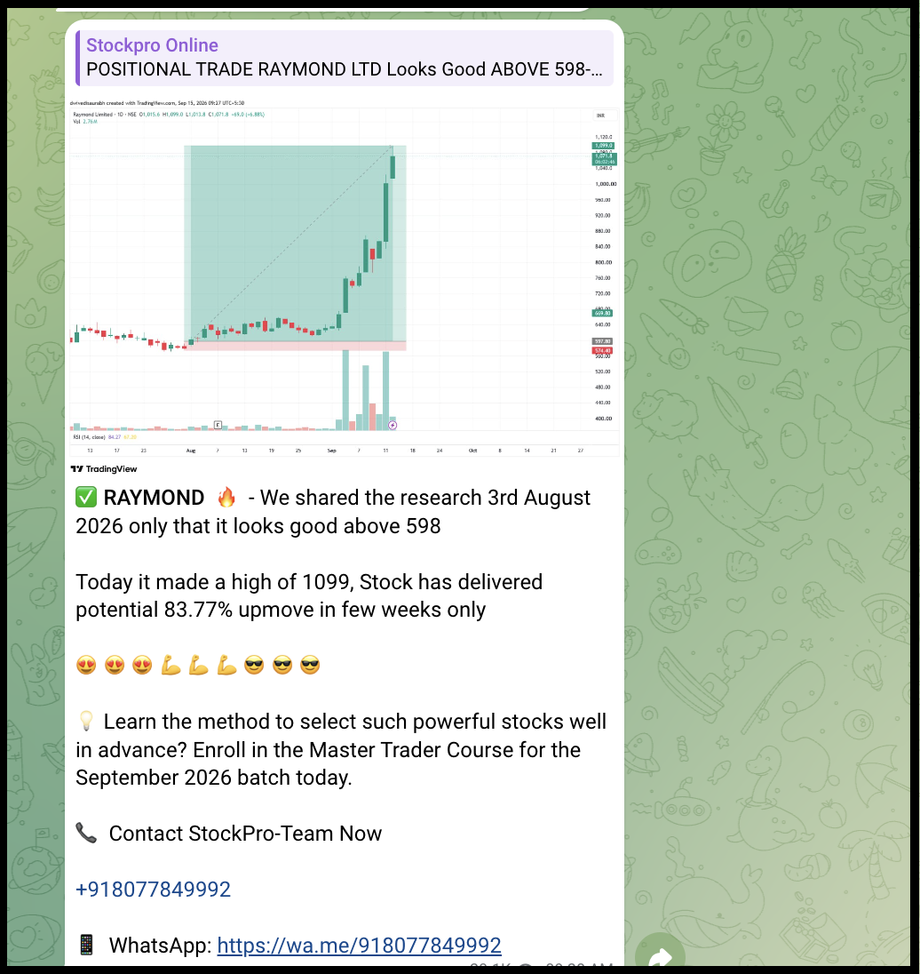 StockPro Telegram post showcasing a stock trade call on Raymond Ltd with an 83% price gain