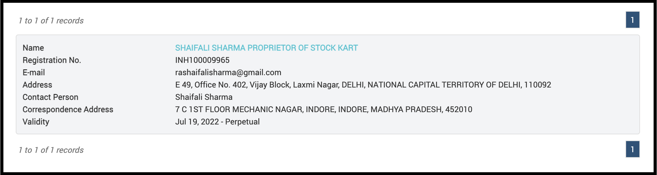 SEBI Research Analyst registration details for Shaifali Sharma, Proprietor of Stock Kart