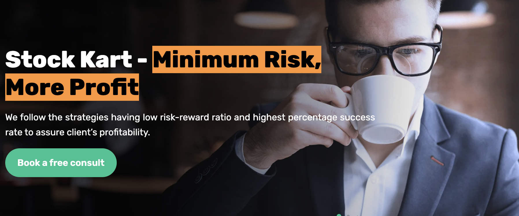 promotional banner from the Stock Kart website displaying slogan claims including "Minimum Risk, More Profit"