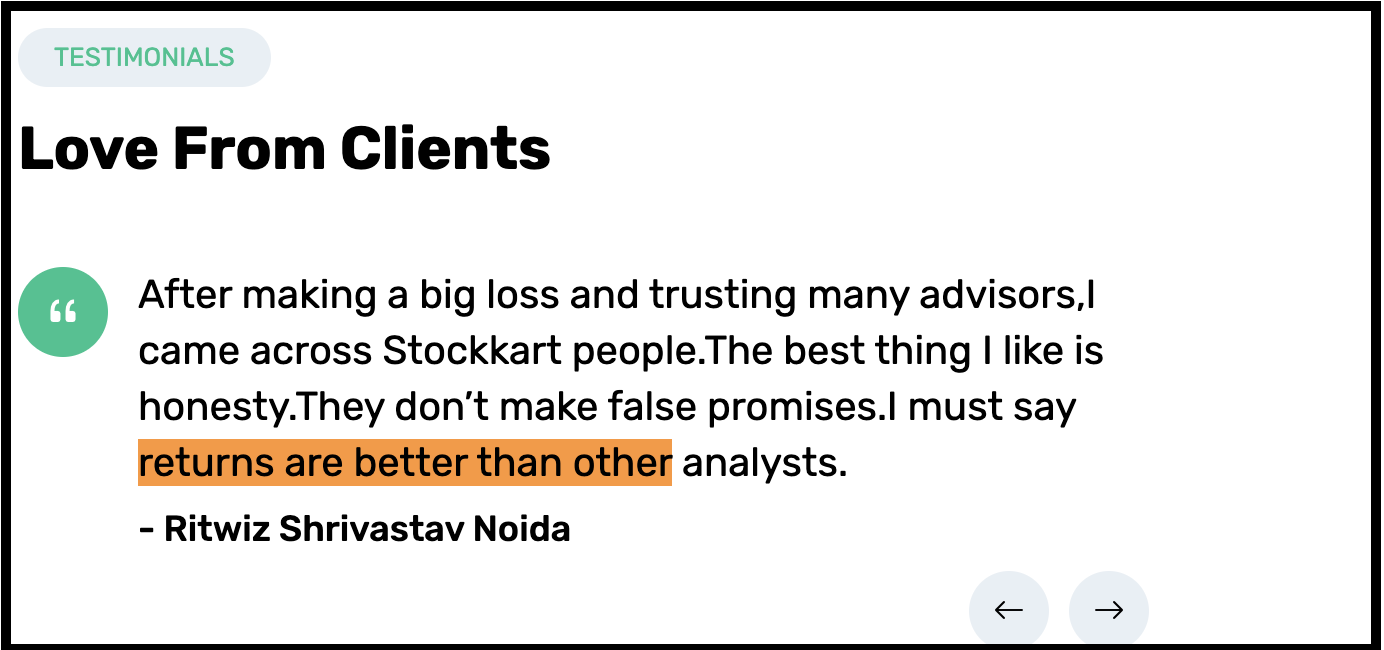 A customer review snippet from Stockkart highlighting a client's claim that the firm's returns are "better than other analysts."