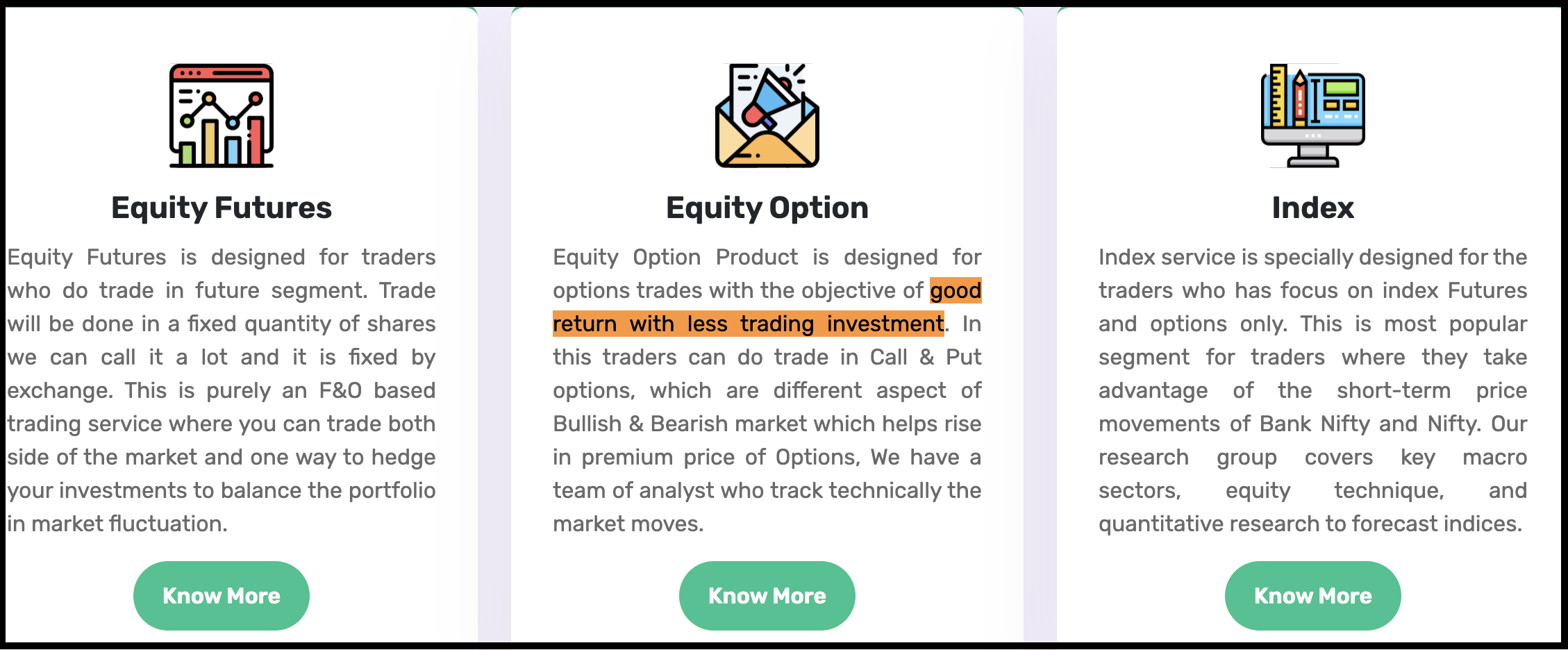 Equity Option, and Index with highlighted text under Equity Option promising good return with less trading investment.