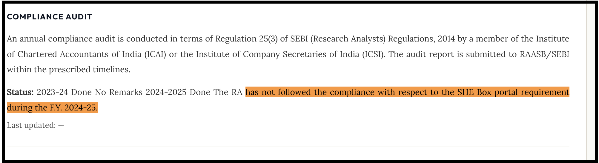 Investment Cure Research compliance audit section