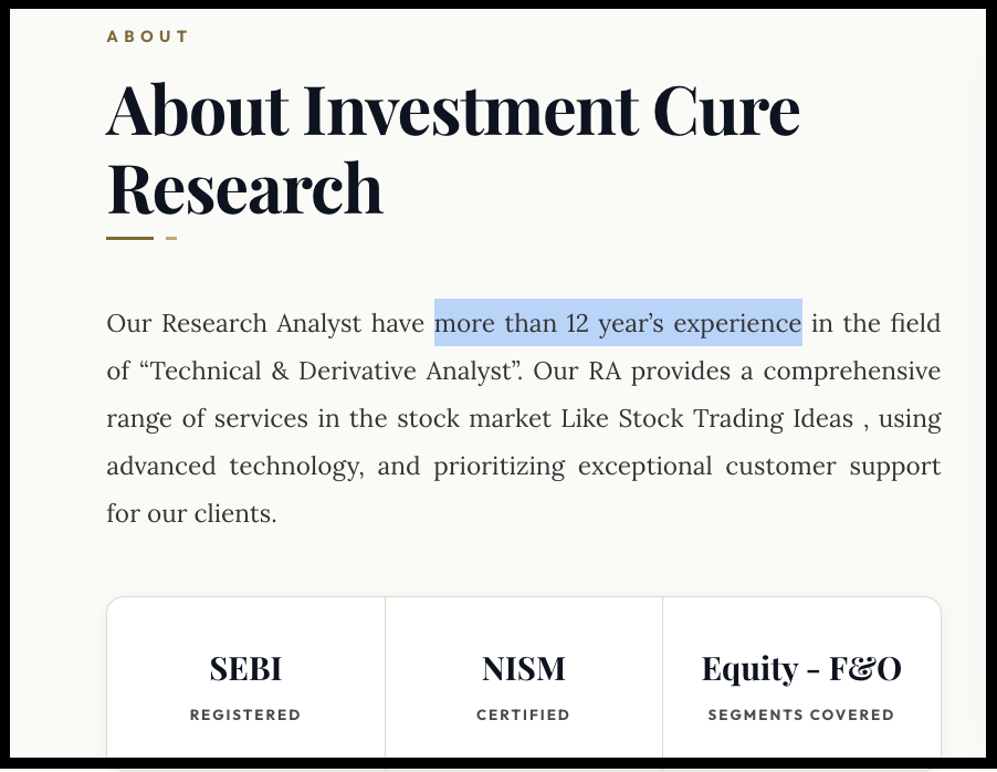 Investment Cure Research About Us Section 12 Years Experience Claim