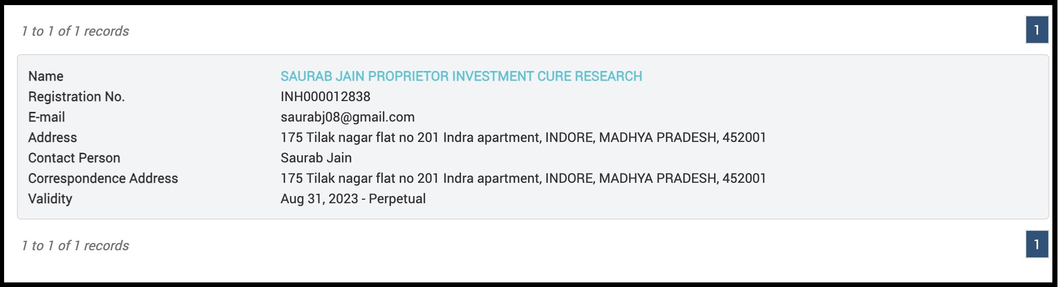 SEBI registration details for Saurab Jain Proprietor of Investment Cure Research