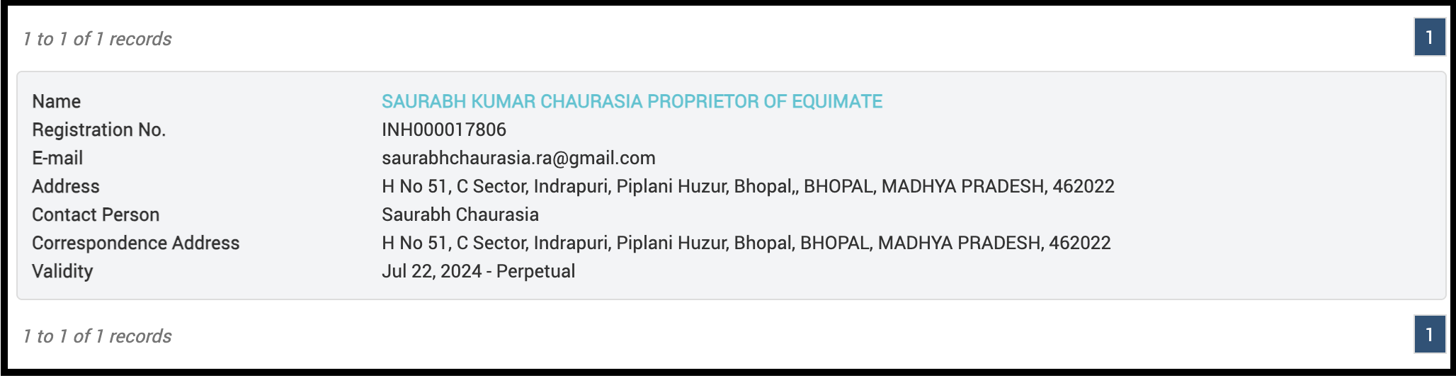 SEBI registration details for Saurabh Kumar Chaurasia, proprietor of Equimate