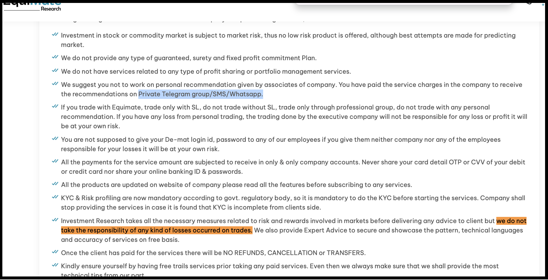 Equimate's terms mentions Private Telegram, SMS, or WhatsApp alongside a strict no-refund policy.