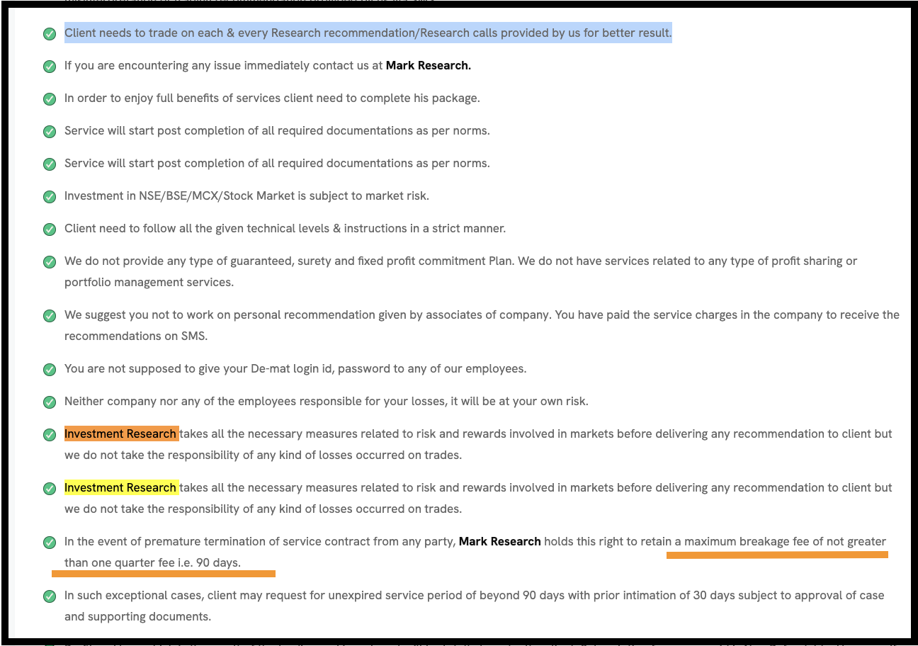 Mark Research's Terms and Conditions references to "Investment Research" & non-refundable fee rules.