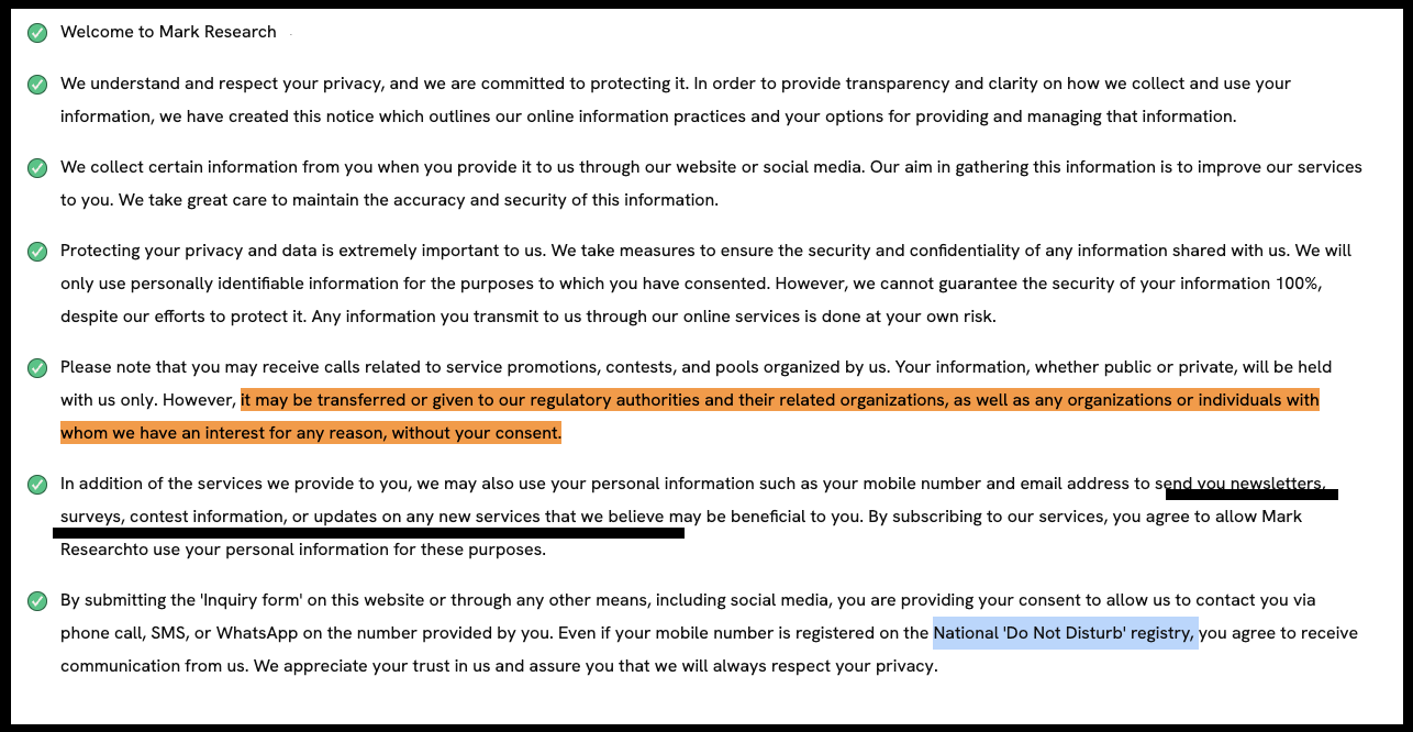 Mark Research Privacy Policy highlighting clauses on third-party data sharing and National Do Not Disturb DND registry override.