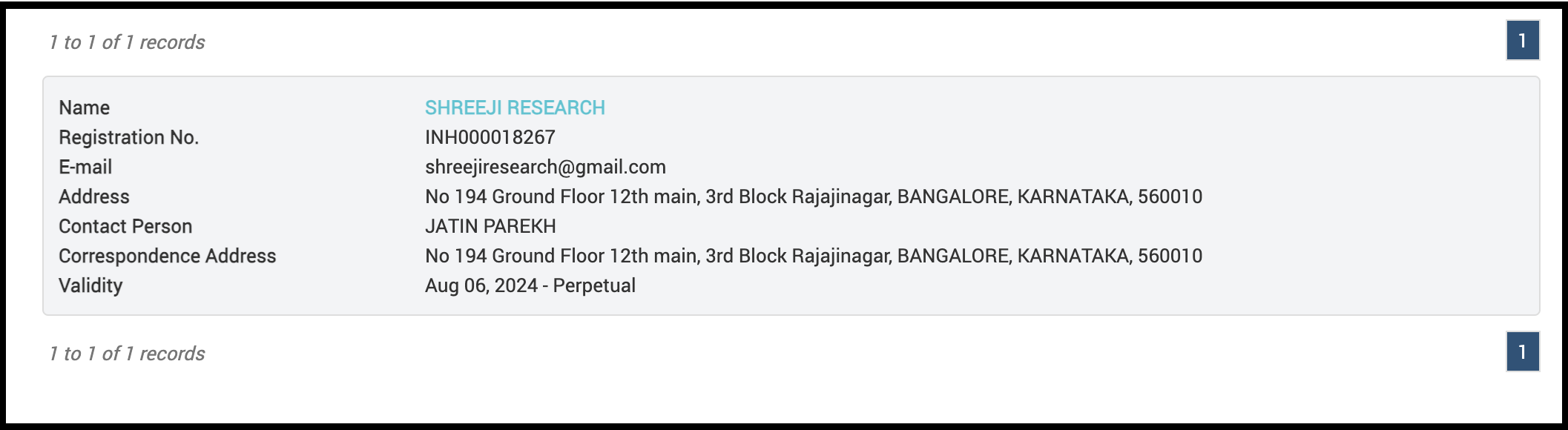 Shreeji Research SEBI Registration Details
