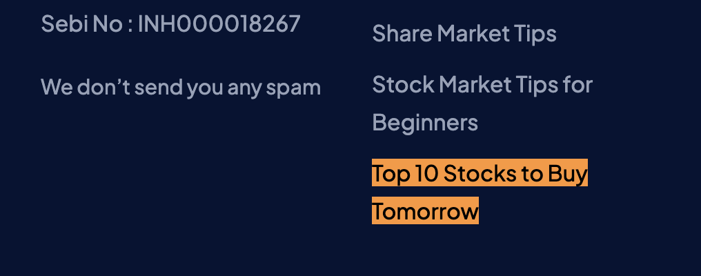 Website footer section for Shreeji Research displaying SEBI registration number INH000018267 alongside marketing links highlighting "Top 10 Stocks to Buy Tomorrow."