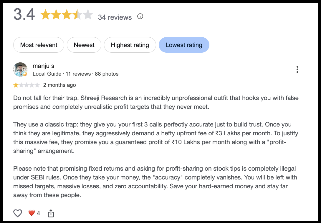 A Google review detailing a customer's claims regarding upfront fees and promised returns by Shreeji Research.
