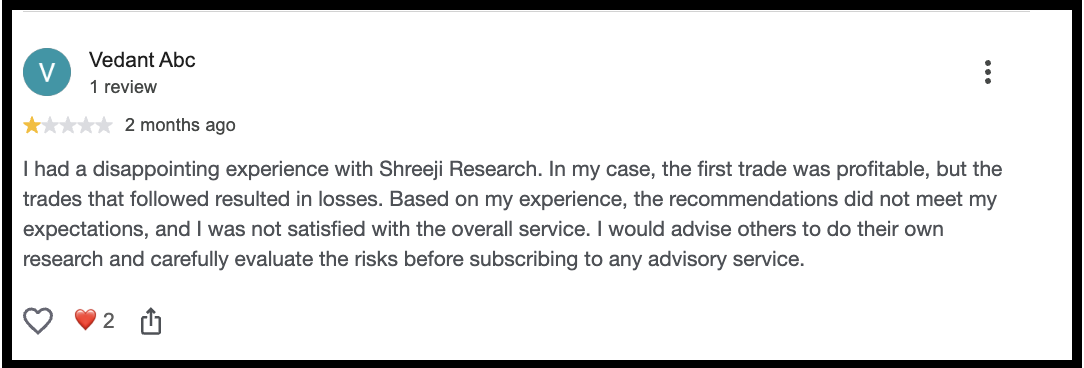 A Google review by Vedant Abc describing their experience with initial profitable trades followed by losses at Shreeji Research.