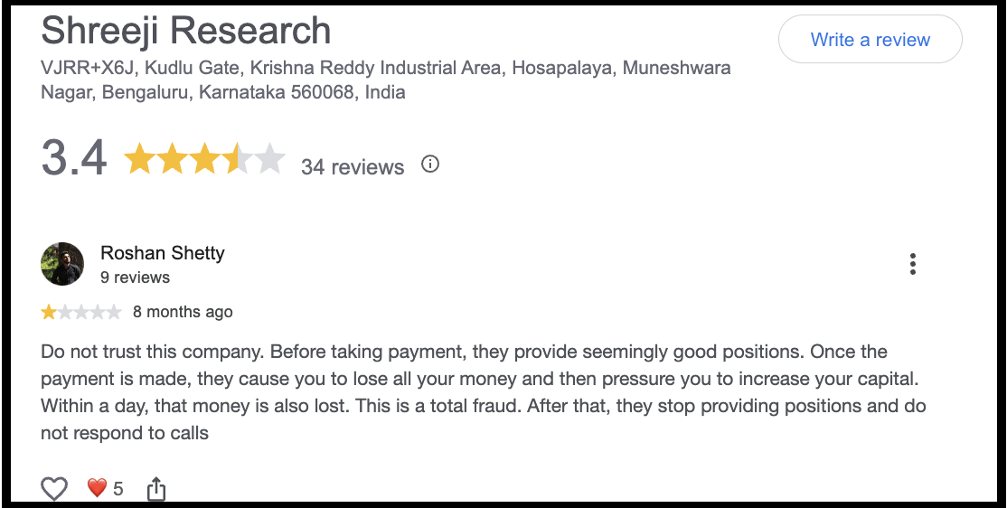 A Google review by Roshan Shetty describing pressure to increase capital