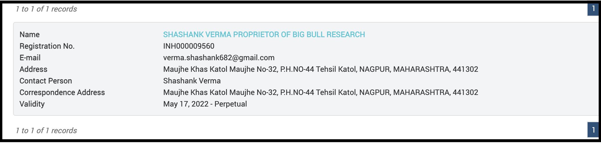 SEBI registration details for Shashank Verma
