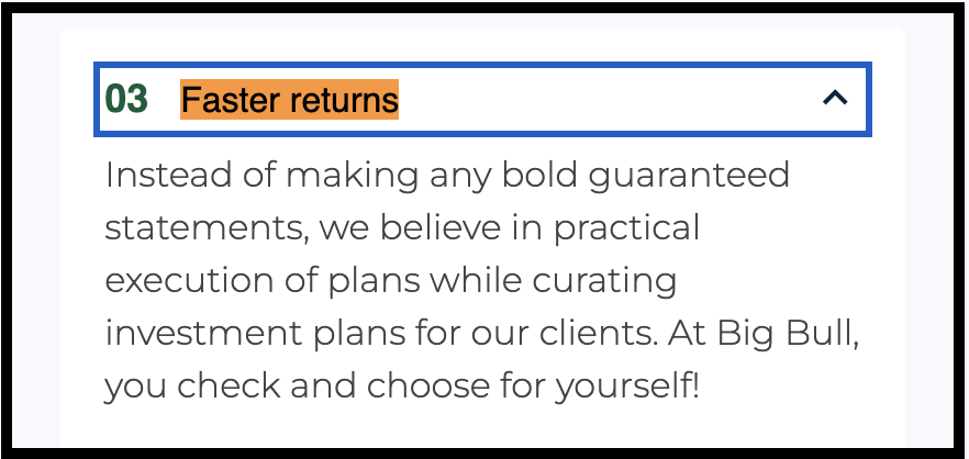 Big Bull Research website highlighting "Faster returns" and describing their execution of investment plans.