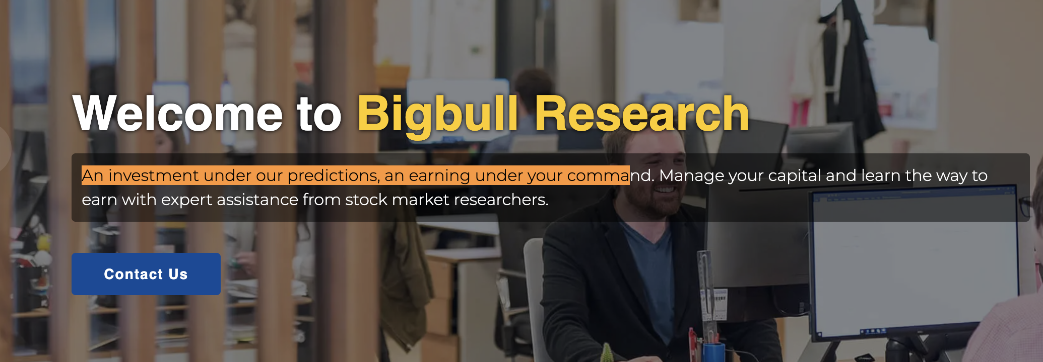 Bigbull Research website homepage hero section displaying promotional claims.
