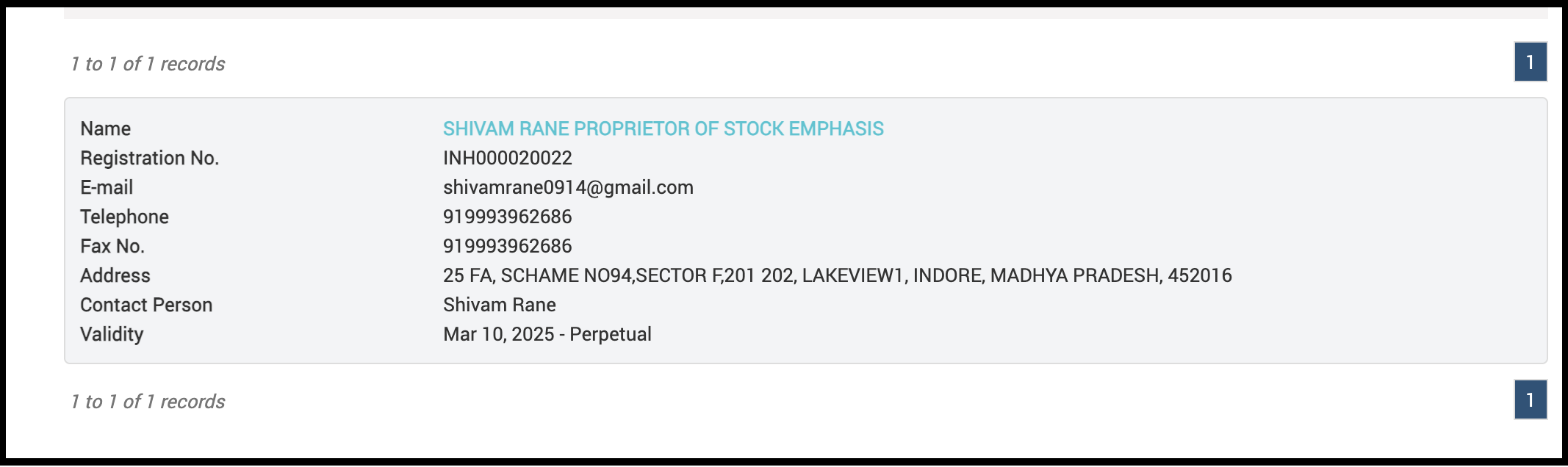 SEBI registration record for Shivam Rane 