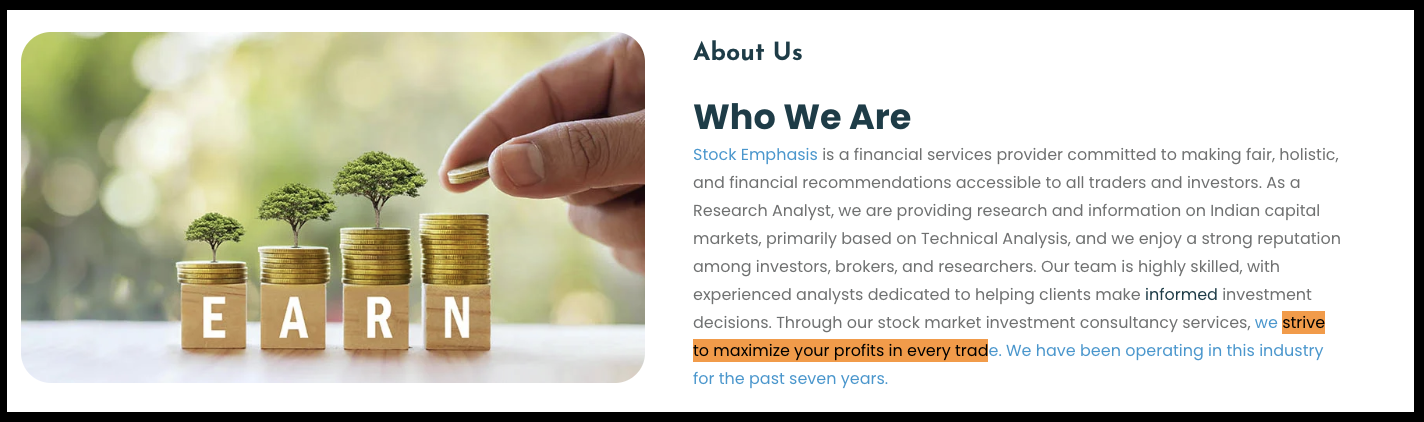 Stock Emphasis "About Us" webpage claiming seven years of industry experience.