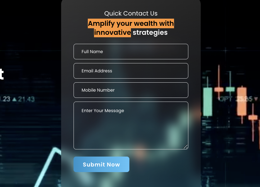 Stock Emphasis contact form banner with tagline reading Amplify your wealth with innovative strategies.