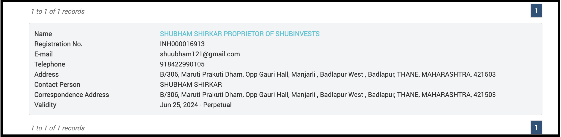 ShubInvests SEBI Registration Record ShubInvests SEBI registration record showing firm name, registration number, validity, address, email and phone