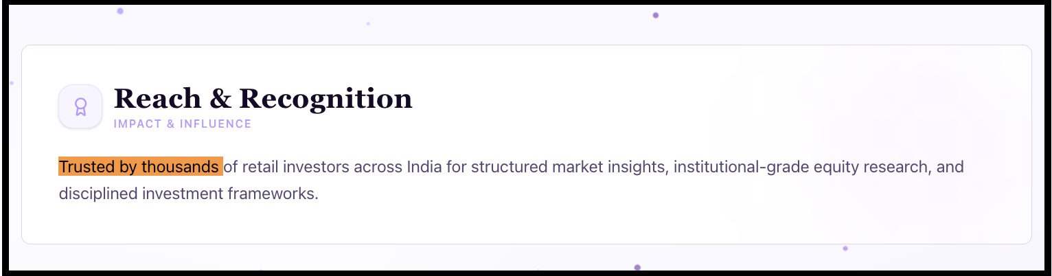 ShubInvests Homepage Trust Claim ShubInvests homepage Reach & Recognition section claiming it is trusted by thousands of retail investors across India