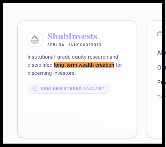 ShubInvests Homepage Hero Card Claims ShubInvests homepage hero card describing itself as SEBI Registered Analyst offering institutional-grade equity research and disciplined long-term wealth creation