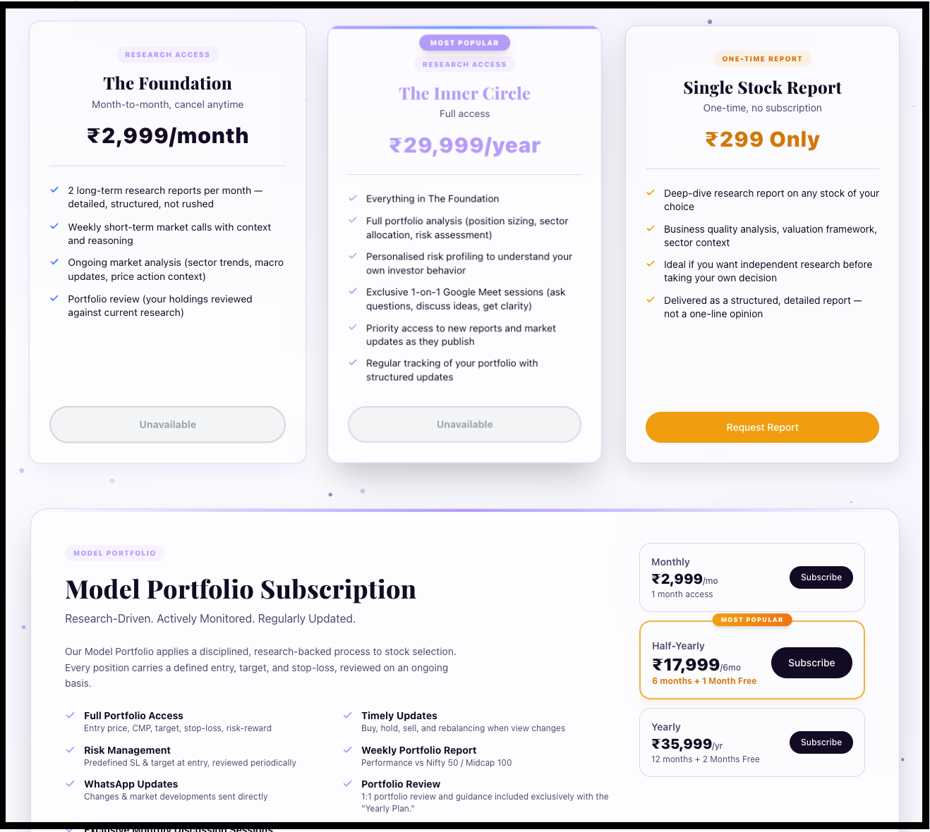 ShubInvests Pricing Page Plans ShubInvests pricing page showing The Foundation and The Inner Circle plans marked Unavailable, plus Single Stock Report and Model Portfolio Subscription pricing