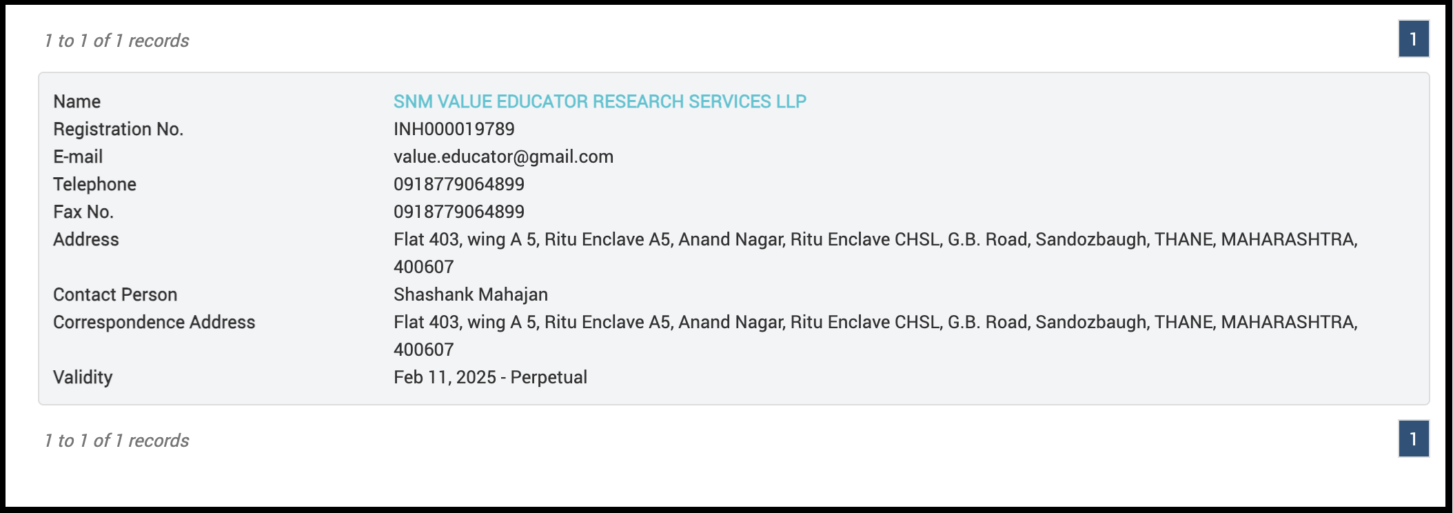 SEBI SI portal record showing SNM Value Educator Research Services LLP's registration number INH000019789