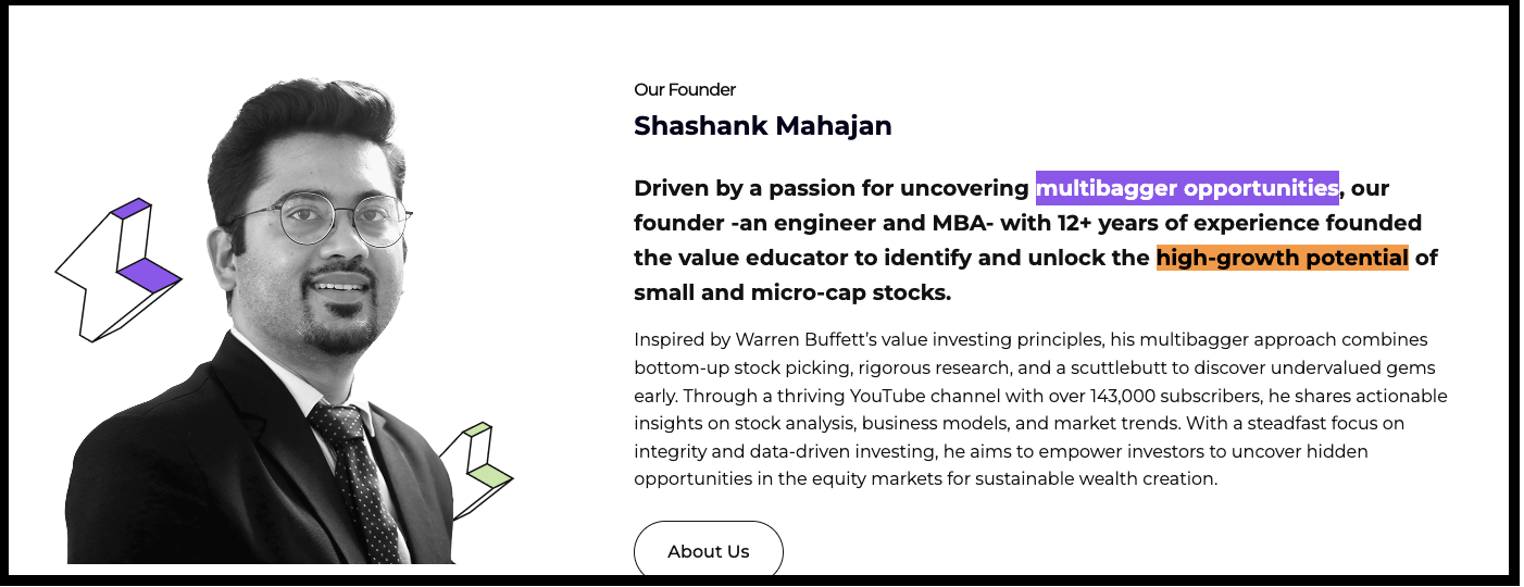Shashank Mahajan's founder bio on the Value Educator website