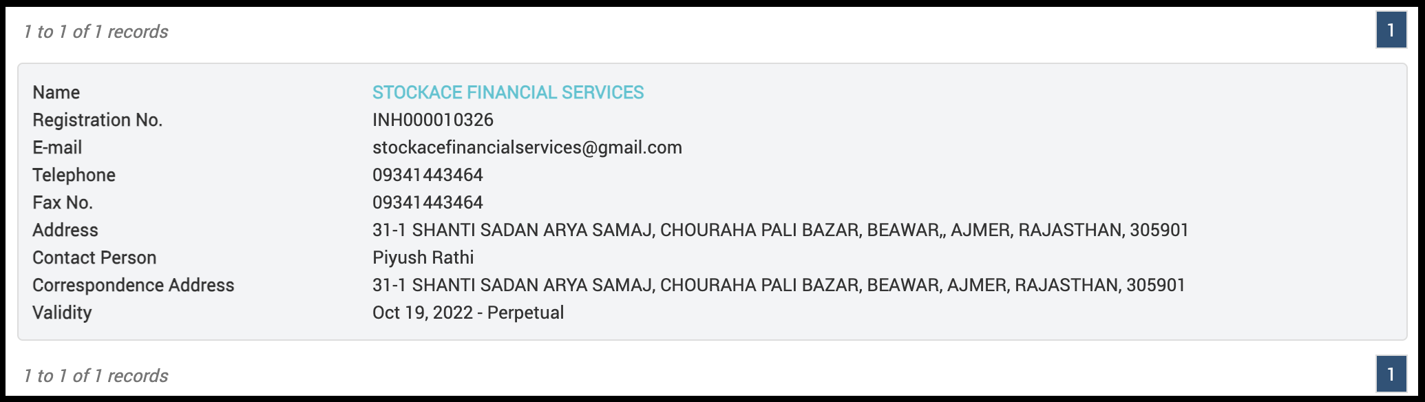 SEBI registration record showing StockAce Financial Services under number INH000010326