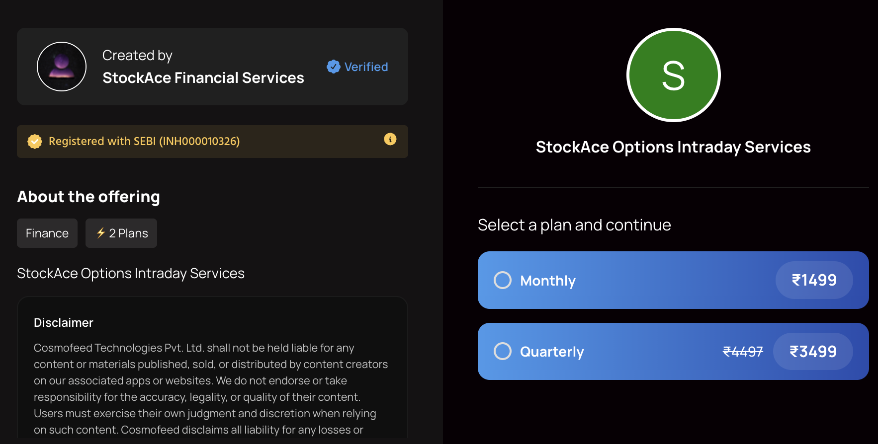 StockAce subscription plans and pricing listed on Cosmofeed