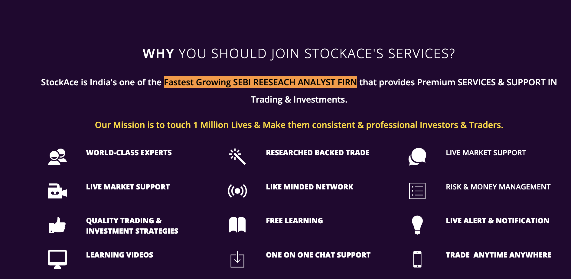 StockAce homepage banner with the misspelled phrase Reeseach Analyst Firn
