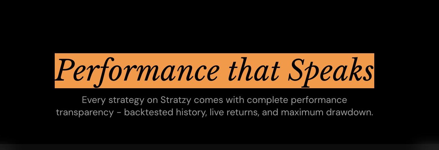 Stratzy marketing banner with text Performance that Speaks