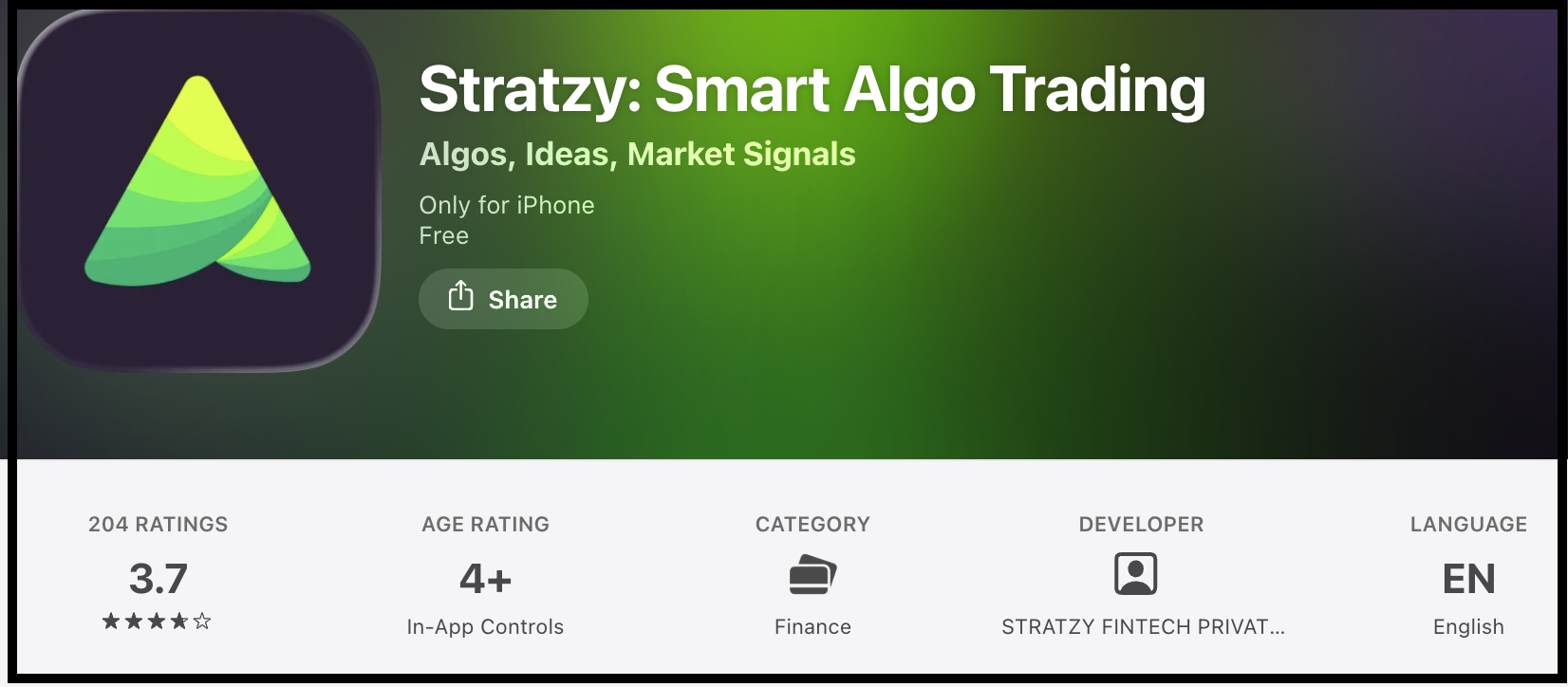 Stratzy Apple App Store listing displaying a 3.7-star rating.