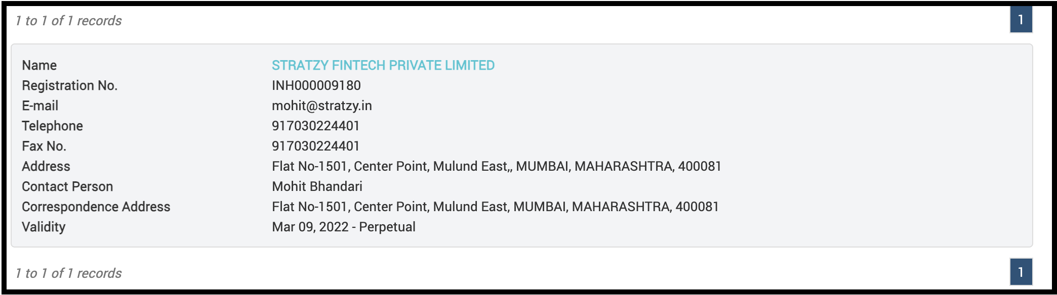 SEBI registration details for Stratzy Fintech Private Limited