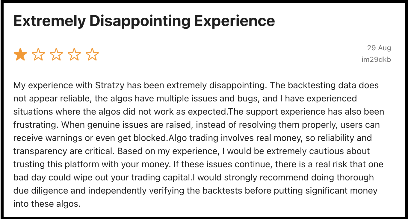A user review describing issues with Stratzy's backtesting data and support experience.