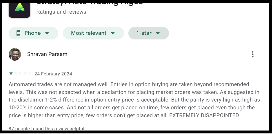 A user review detailing issues with trade execution price drift and unplaced orders on Stratzy.