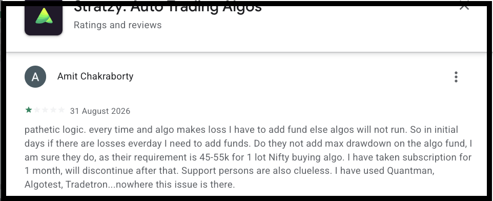 A user review raising concerns about drawdown calculations and additional capital requirements on Stratzy.