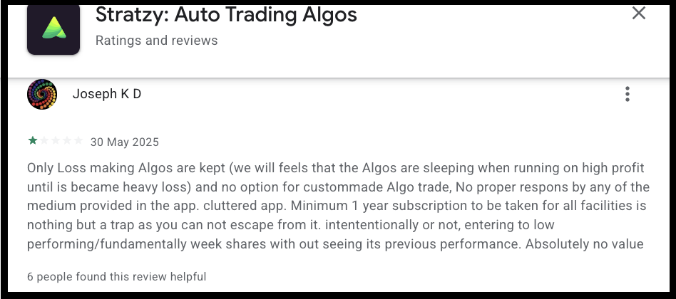 A user review highlighting concerns about underperforming algorithms and minimum subscription commitments on Stratzy.