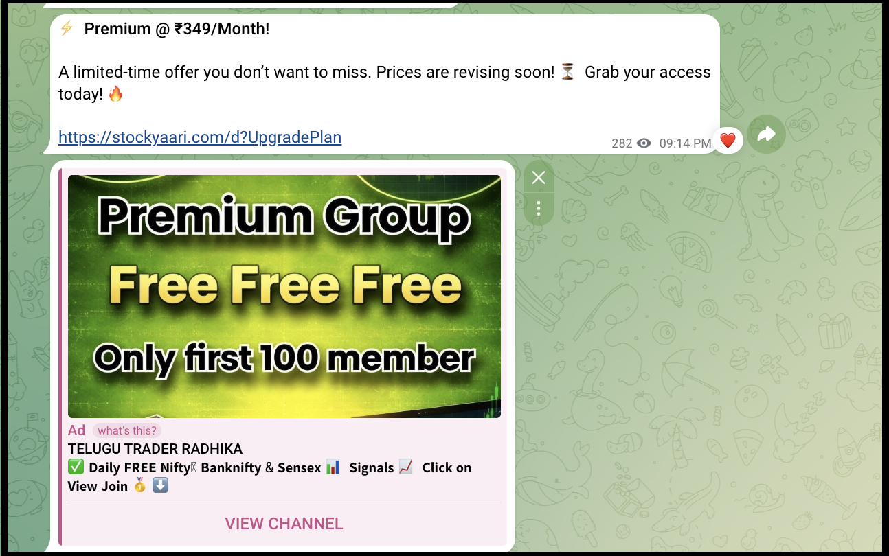 StockYaari website banner displaying 349 per month premium plan and promotional Telegram channel advertisement.