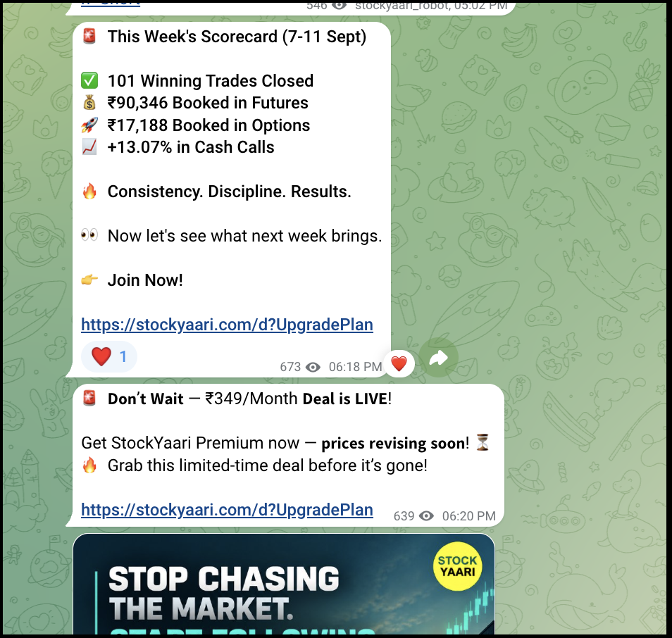StockYaari Telegram channel promotional scorecard message claiming 101 winning trades and profit metrics.