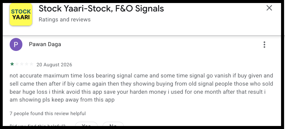 Google Play Store user review for StockYaari app reporting signal inaccuracy and trade alert issues.