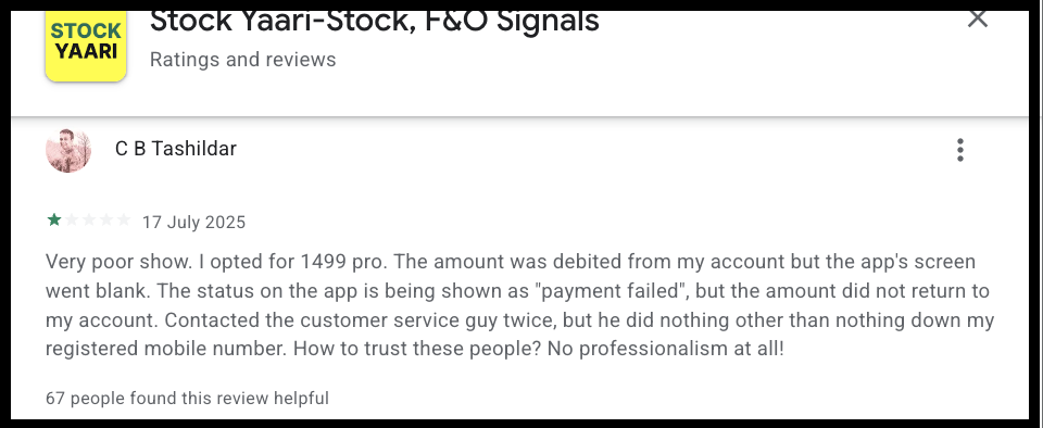 Google Play Store app review for StockYaari reporting payment deduction without account activation.