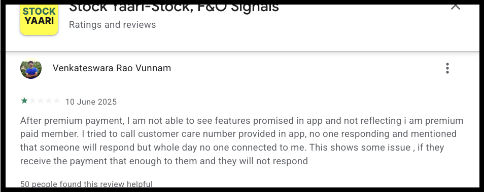 Google Play Store review for StockYaari app describing missing premium plan features and customer care unresponsiveness.