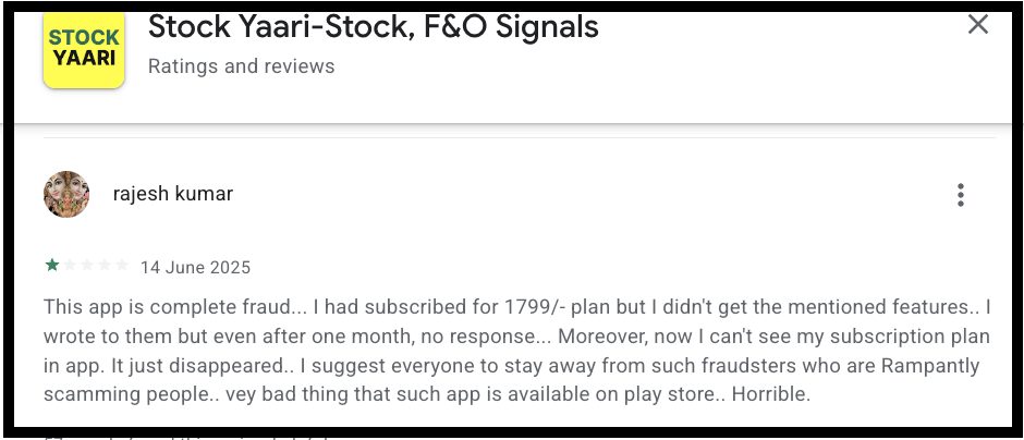 Google Play Store review for StockYaari app describing missing ₹1,799 subscription plan and unhelpful customer support.