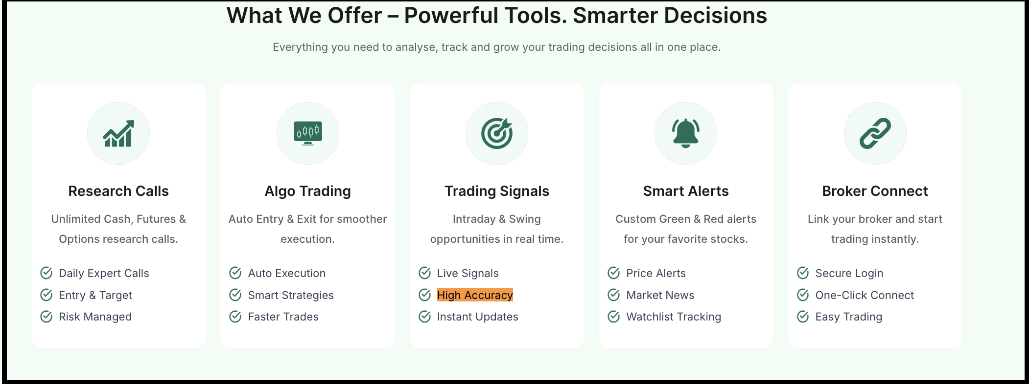 StockYaari website marketing section highlighting claims of high accuracy signals and a proven trading track record.