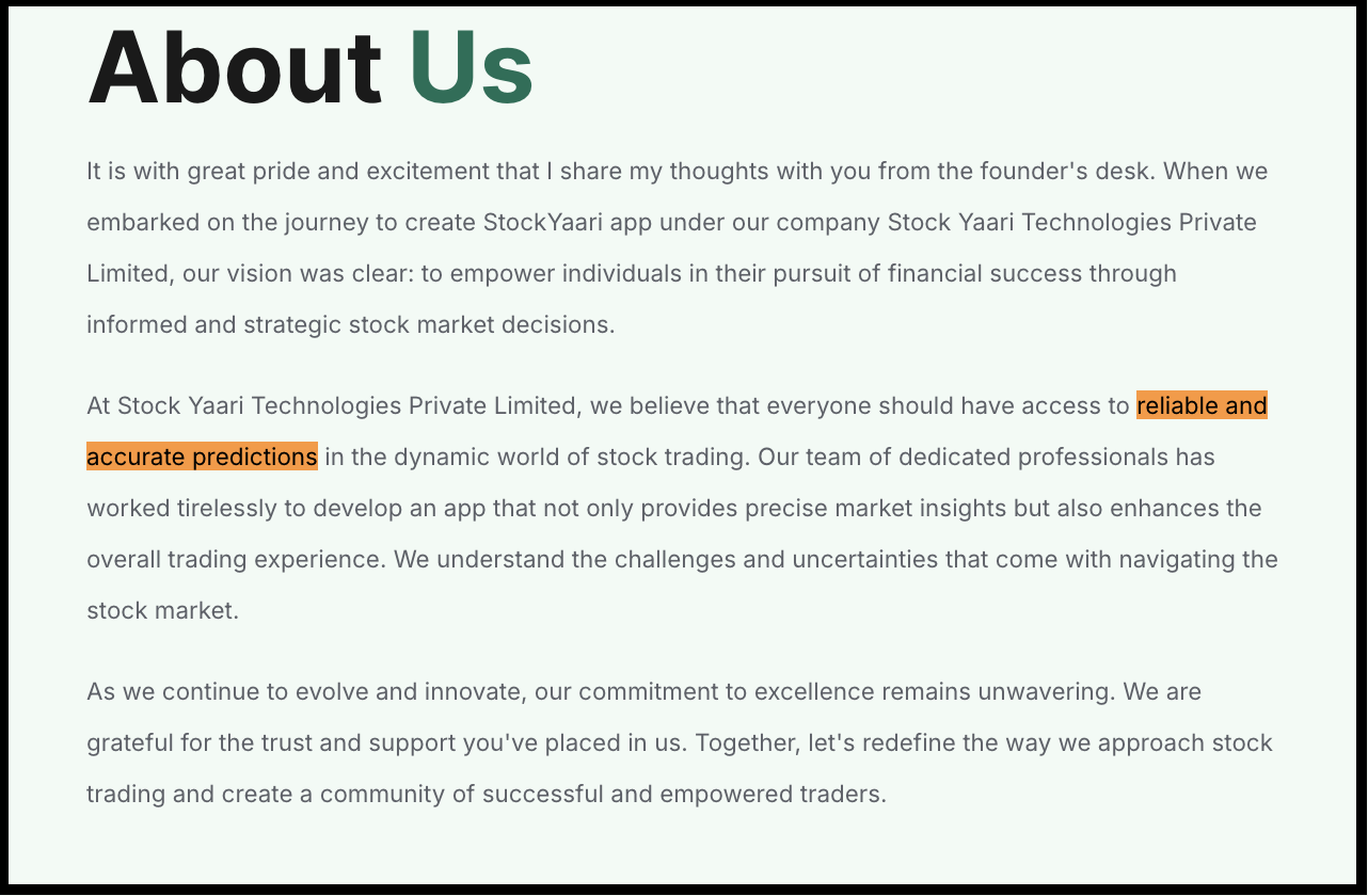 StockYaari website About Us section displaying promotional claims regarding reliable and accurate stock trading predictions.