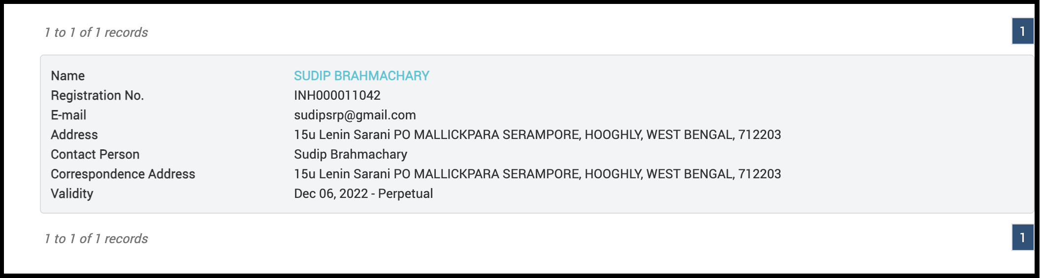 SEBI Research Analyst registration details for Sudip Brahmachary.