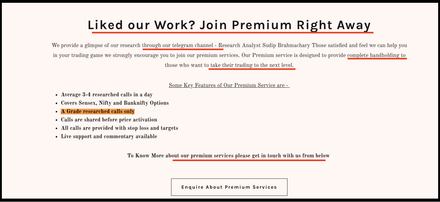 Promotional section on Sudip Brahmachary's website with underlined text encouraging visitors to join premium services right away.