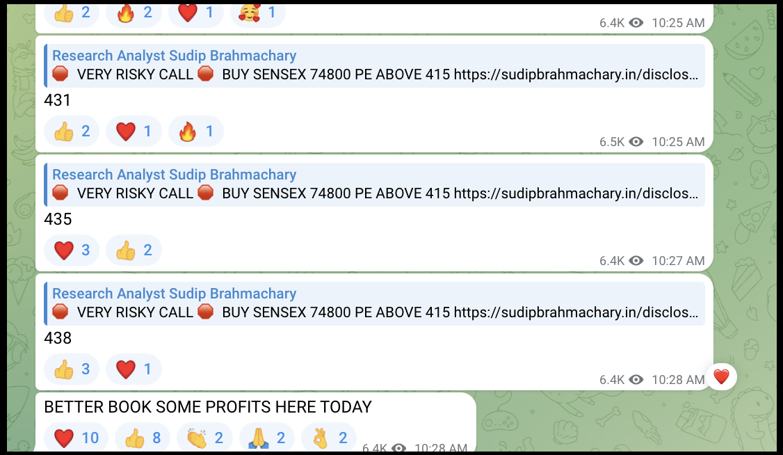 Telegram messages from Sudip Brahmachary highlighting high-risk Sensex option calls paired with profit-booking advice.
